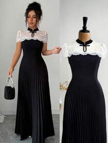 Elenzga Women's Elegant Lace Patchwork Mandarin Collar A-Line Pleated Dress - Black and White - View 6