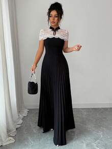 Elenzga Women's Elegant Lace Patchwork Mandarin Collar A-Line Pleated Dress - Black and White - View 8