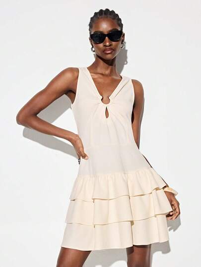 GENKIRA Women's Drape Woven Fabric Fit And Flare A-Line Metal Ring Buckle Knot Neck Cutout Keyhole Multi-Layer Ruffled Tiered Sleeveless Mini Dress Elegant Sweet Dating Style Elegant Dresses For Women Summer Dresses For Women Wedding Guest Dress For Women Elegant Party Dresses For Women