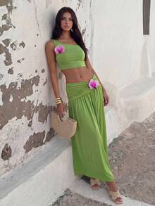 Bonvoyette Conjunto de dos piezas para mujer, conjunto de verano para vacaciones, conjuntos de verano para mujer, conjuntos de dos piezas para chica joven, conjuntos de dos piezas para mujer, conjuntos para salir, vacaciones de verano, festival, vintage - Verde - Ver 5