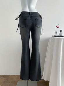 Elamini 女士侧系腰带口袋喇叭裤休闲牛仔裤 - 灰色 - 查看 2