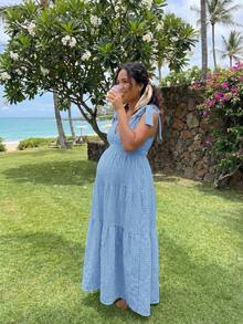 Lyckli Maternity Solid Color Deep V-Neck Ruffle Hem Casual Vacation Dress - Baby Blue - View 11