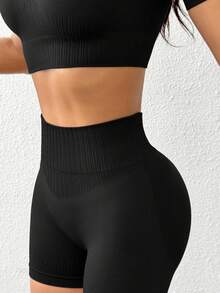 StreetHx Seamless Women Short Sleeve Cropped T-Shirt And Shorts Sports Set - Black - View 4