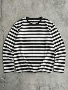 AXEPEAK Áo thun nam cổ tròn kẻ sọc dài tay, thời trang, quà tặng bạn trai, đi chơi, mùa hè, mùa thu - Đen và trắng - Xem 1