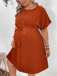 Plussiva Plus Size Maternity Casual Vacation & Commute Solid Color Batwing Sleeve Belted Loose Dress, Summer - Rust Brown - View 6