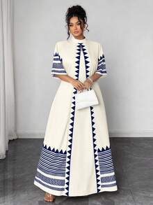Vestido de 2 en 1 con estampado geométrico bohemio y lazo para mujer de talla grande - Albaricoque 2 - Ver 5