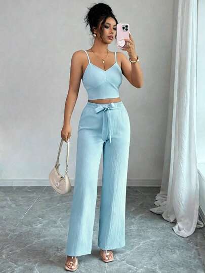 SHEIN PETITE Women's Casual Solid Color High Waist Camisole And Wide Leg Pants Set