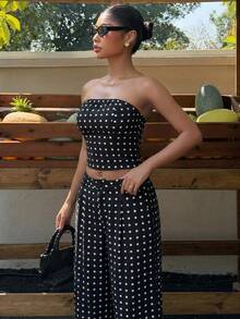 Muchica Women's New Polka Dot Print Cropped Tube Top And Wide Leg Pants Set, Black & White, Spring/Summer - Black - View 3