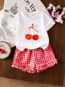 SHEIN Genkimix Kids 2件套少女品牌T恤套装，韩版宽松可爱露脐两件套，夏季 - 白色 - 查看 5