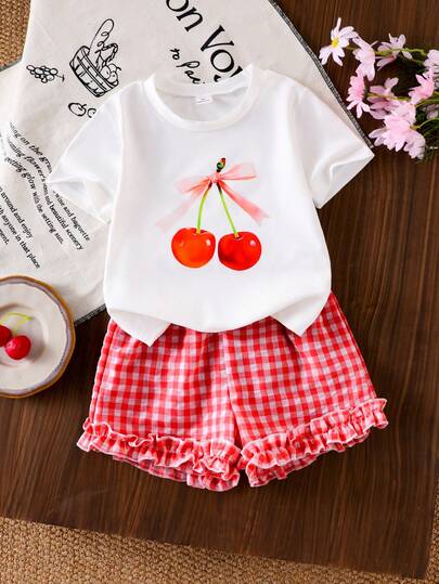 SHEIN 2 Parça/Set Genç Kızlar İçin Marka Tişört Takımı, Kore Tarzı Bol Kesim Şirin Kısa Üst İki Parça Takım, Yazlık