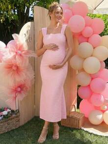 Loomaby Elegant Solid Color Textured Maternity Mermaid Dress,Gender Reveal Dress,Baby Shower Dress,Maternity Dress - Pink - View 5
