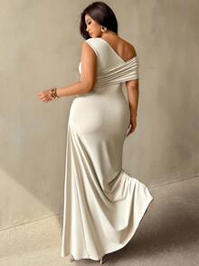 Auralis Nuevo vestido de verano sin mangas con hombro asimétrico, fruncido, hombro inclinado, abertura alta en color albaricoque para temporada de bodas / Vestido elegante moderno de talla grande para uso diario / Vestido de oficina - Albaricoque - Ver 2