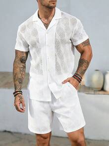 Manfinity CasualCool Men's White Summer Funny Vacation Holiday 2 Pieces Outfits,Hollow Out Knitted Mesh Short Sleeve Lapel Shirt And Slant Pocket Shorts Set,Beach Wear - White - View 1