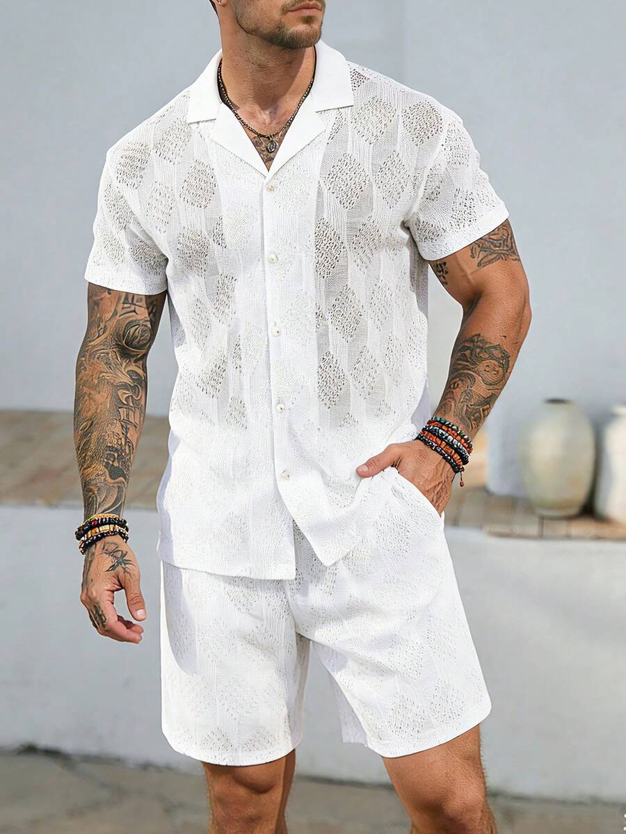 Manfinity CasualCool Men's White Summer Funny Vacation Holiday 2 Pieces Outfits,Hollow Out Knitted Mesh Short Sleeve Lapel Shirt And Slant Pocket Shorts Set,Beach Wear - White - View 1