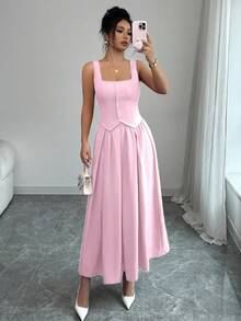 Rafferiza Women's Fashionable Sleeveless Square Neck Single-Breasted Vest And Pleated Flared Skirt 2-Piece Set, Versatile Daily Wear - Baby Pink - View 4