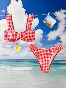 Swim Mod 女士新款波点印花宽肩带U领比基尼套装，露脐上衣和高开衩比基尼泳裤，性感夏季泳装 - 彩色 - 查看 3