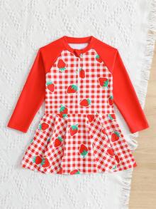 Souflis Souflis 1pc Girls Red Plaid Strawberry Print One-Piece Swimsuit,Long Sleeve Zipper Rash Guard With Ruffle Hem,Elegant Kids Summer Beach Bathing Suit Dress - Red - View 6