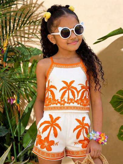 2 pièces/set Filles 8-12 ans Imprimé floral tropical + Débardeur à bordure + Short Tenue légère, Énergique et attrayante pour le port quotidien, les vacances à la plage, les fêtes d'anniversaire, les pique-niques, la Journée de l'enfant, le printemps/été/automne