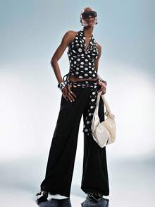 Aveloria GENKIRA European And American Style Spring/Summer New Fashion Versatile Black & White Contrast Polka Dot Print Mesh Draped Neck Top Paired With Polka Dot Wrap Tie Waist Loose Long Pants Casual Street Style Women 2-Piece Set - Multicolor - View 1