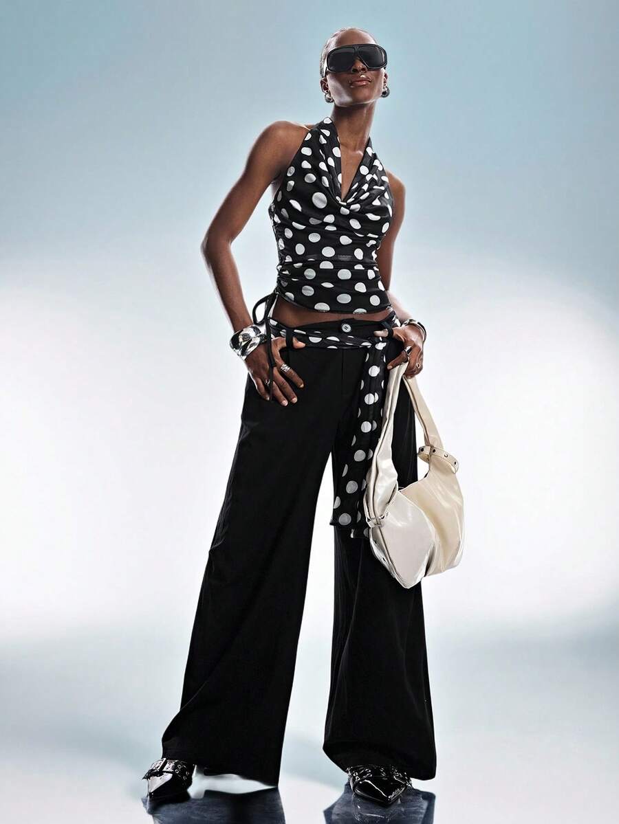 Aveloria GENKIRA European And American Style Spring/Summer New Fashion Versatile Black & White Contrast Polka Dot Print Mesh Draped Neck Top Paired With Polka Dot Wrap Tie Waist Loose Long Pants Casual Street Style Women 2-Piece Set - Multicolor - View 1