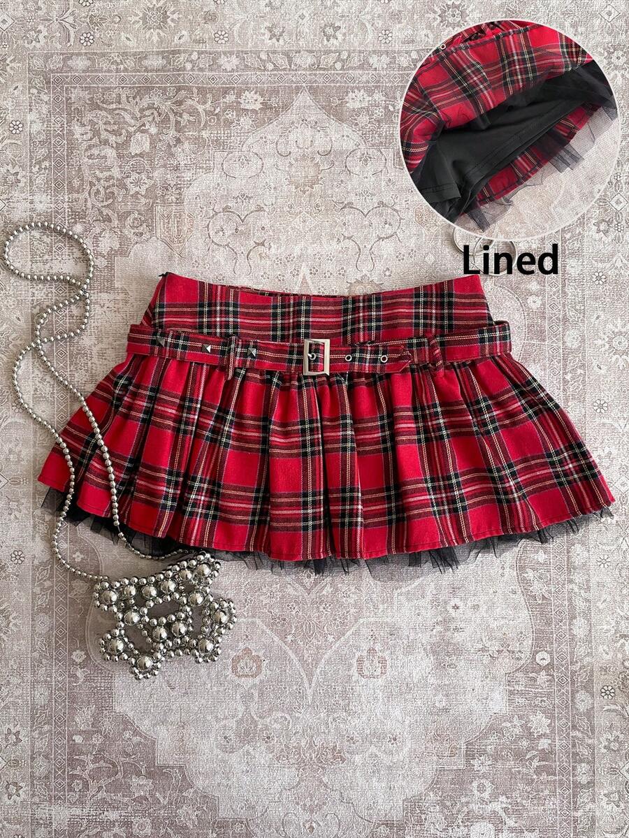 Attitoon 女士休闲复古低腰红色格子迷你裙，适合Y2K风格 - 彩色 - 查看 1