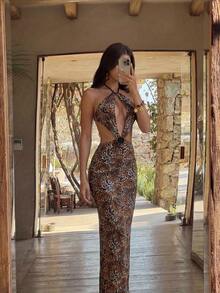 Bonvoyette 女士优雅时尚豹纹针织度假连衣裙 - 彩色 - 查看 4