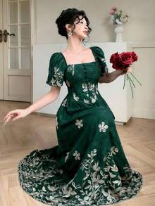 DAZY Vestido com bordado floral francês, estilo romântico nostálgico, novidade da moda: vestidos de verão boho para mulheres, perfeitos para férias. - Verde escuro - Ver 2