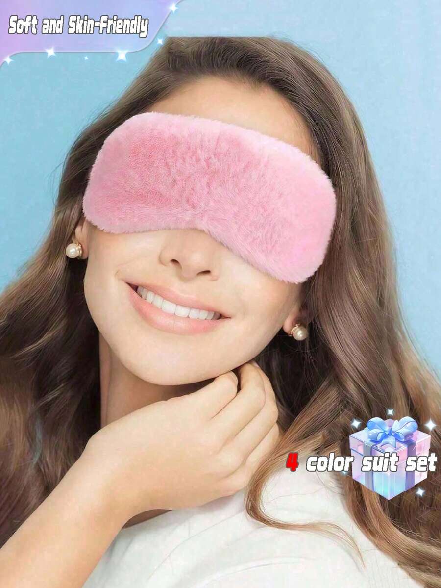 4个装睡眠眼罩，柔软毛绒眼罩，可爱爱心云朵眼罩，毛绒眼罩，午睡健康眼罩，丝绸毛绒睡眠眼罩，舒适眼罩，彩色缎面夜间遮光眼罩 - 彩色 - 查看 1