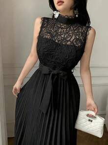 Celisse White Lace Patchwork Pleated Elegant Dress For Women - Black - View 6