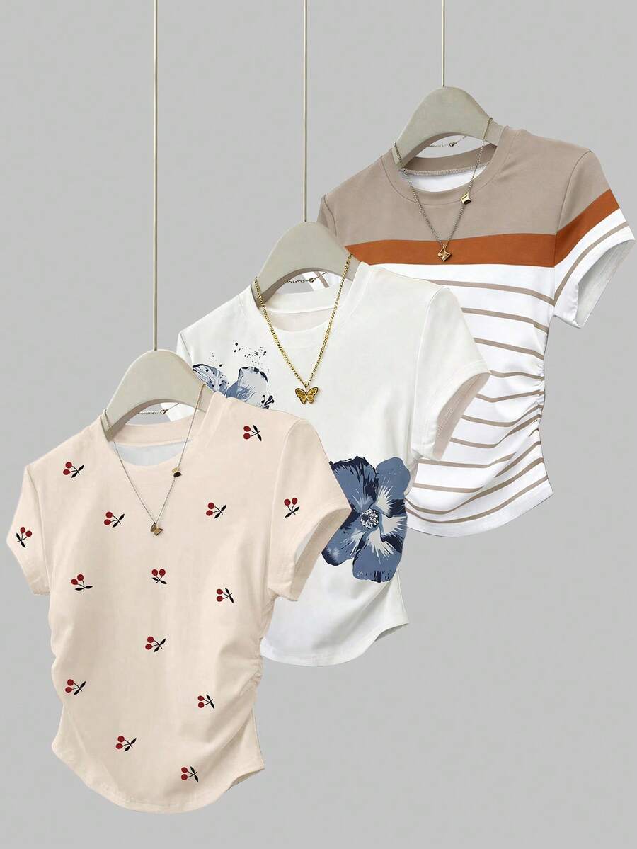 SHEIN 3pcs/Set Women's Summer New Fruit Cherry Graphic Floral & Striped Pattern T-Shirts