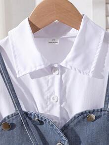 Elladie kids Bộ đồ hai mảnh mùa hè thanh lịch dành cho bé gái, gồm áo hai dây lửng bằng denim và váy sơ mi tay ngắn màu trơn, kèm túi hình trái tim tặng kèm, phù hợp cho mặc hàng ngày, đi học, dự tiệc. - trắng - Xem 5