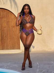 Slaydiva Vacation Sexy Lace-Up Leopard Print Bikini Set For Women - Blue - View 3