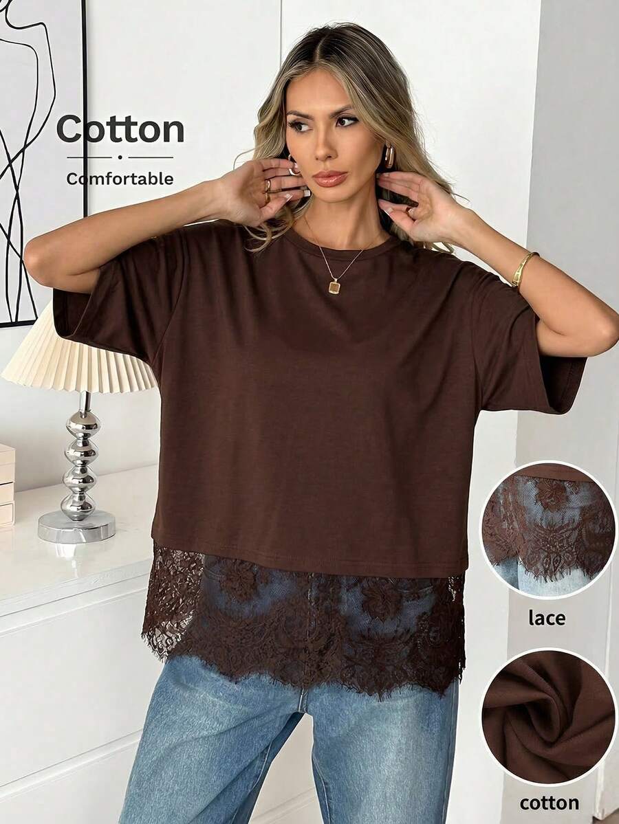 Easowa 女士黑色短袖圆领蕾丝下摆宽松T恤 - 棕色 - 查看 1