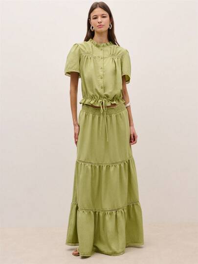 Nöista Set Shirt Ansd Skirt , Designed With A Ruffle Stand Collar And Short Puff Sleeves. Features A Button-Front Bodice, Adjustable Drawstring Waist, And Flounced Seams For Easy Movement. Summer Outfit, Spring, Holiday Outfit, Easter, Beachwear. Coord Look.