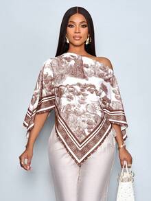 SOLERSUN 女士秋冬休闲优雅杏色印花不对称领长袖不对称下摆衬衫斜肩开衩袖宽松时尚衬衫复古日落假日印花蝙蝠袖上衣新款百搭，适合秋季穿搭、冬季服装、日常通勤、外出穿着 - 棕色 - 查看 5