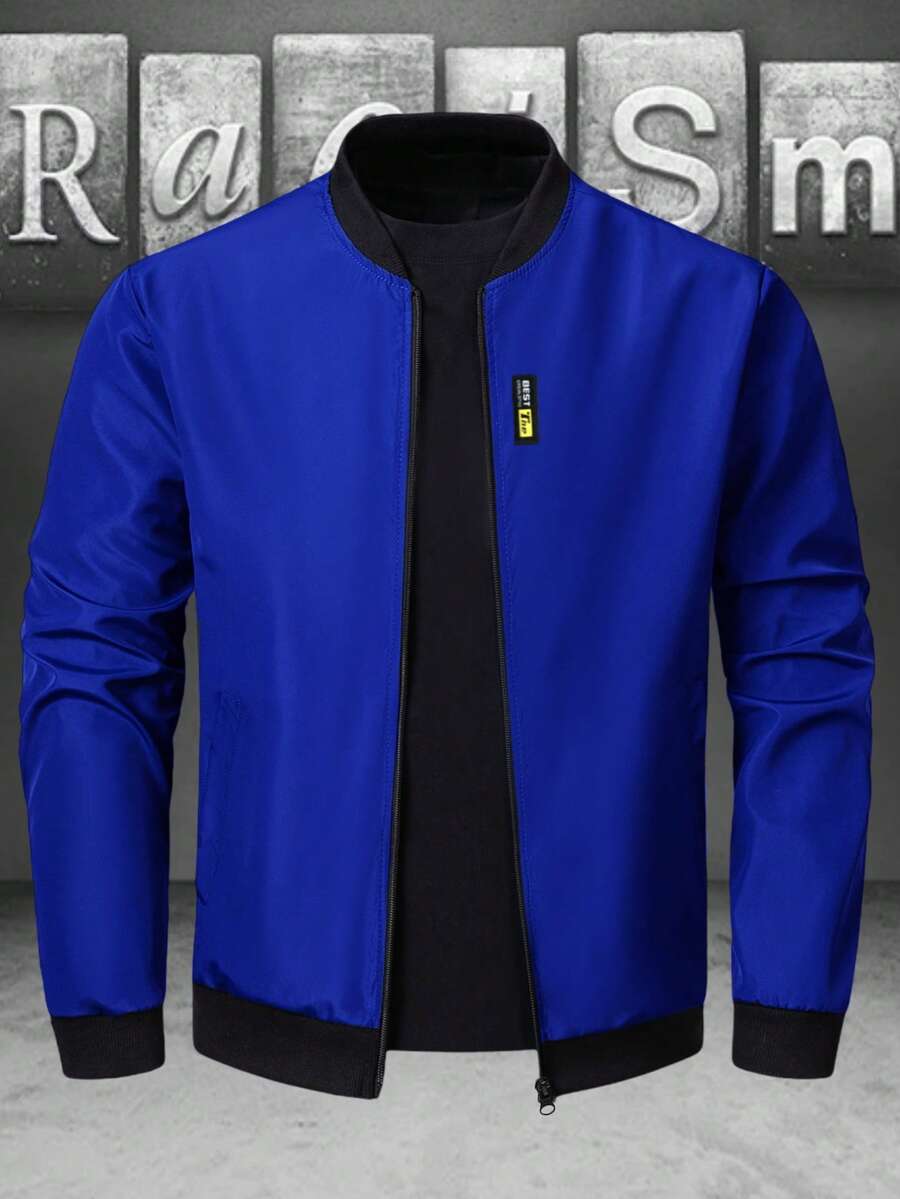 Áo khoác dài tay nam màu trơn tối giản, kiểu dáng thường ngày, có khóa kéo. - Màu xanh lam - Xem 1