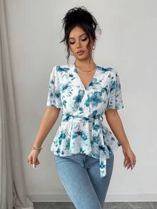 SHEIN Raffinéa Women's Fashion Printed V-Neck Ruffle Hem Cinched Waist Chiffon Blouse - Blue - View 4