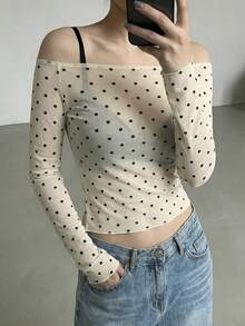 DAZY Polka Dot Print Off-Shoulder Fitted Top For Women - Beige - View 4