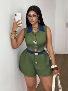 Maweii Conjunto de 2 piezas de camisa sin mangas y pantalones cortos con decoración de metal para mujer de talla grande - Verde - Ver 6