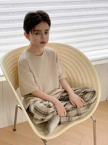 Dazy Kids Tween Boy Solid Color Short Sleeve Top And Plaid Pants Pajama Set Summer - Apricot - View 7