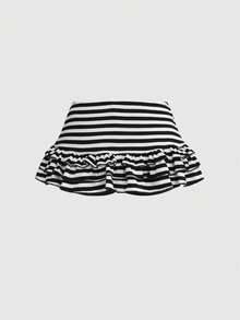 ROMWE Grunge Punk Chân váy xếp tầng gợi cảm, sọc đen xám cổ điển, thắt dây, dành cho nữ. - Đen và trắng - Xem 2