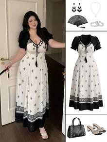 Vibekara 大码女式碎花流苏长袖连衣裙 - 黑與白 - 查看 1