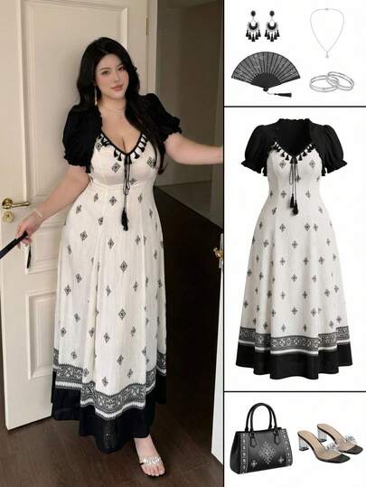 Vibekara Đầm dài tay họa tiết hoa tua rua dành cho nữ cỡ lớn