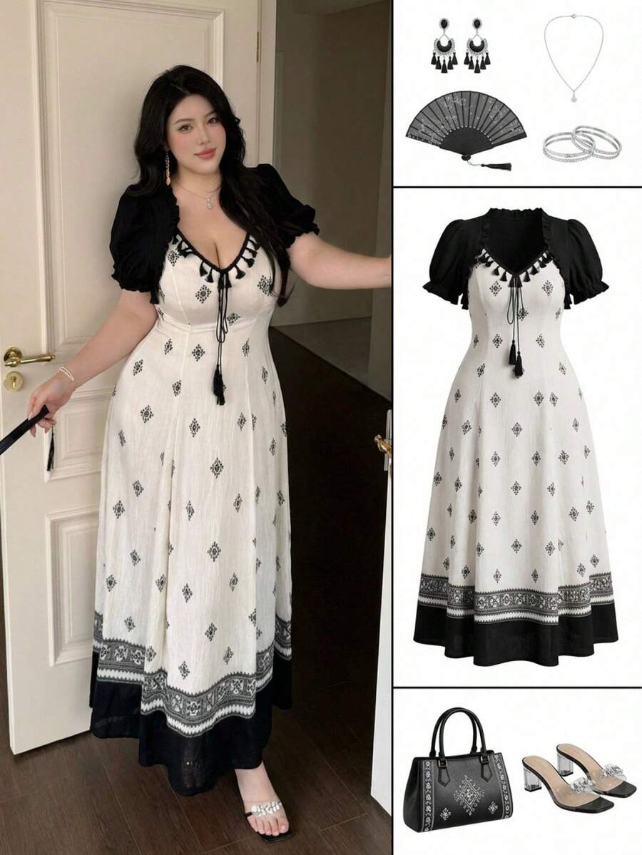 Vibekara 大码女式碎花流苏长袖连衣裙 - 黑與白 - 查看 1