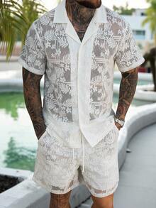 VENTUSAIL Chemise à manches courtes à simple boutonnage et short à taille élastique avec poches pour hommes, tenue décontractée pour la vie quotidienne et les vacances - Nude - Voir 5