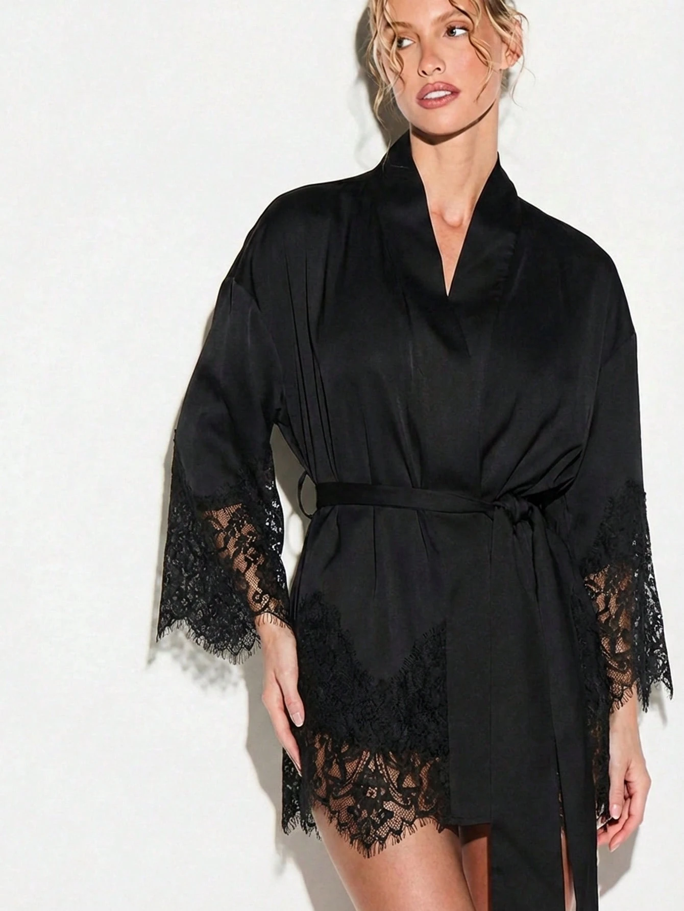 KIZN Black Satin Lace Trim Night Robe