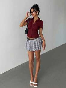 Aloruh 女士优雅酒红色短袖褶裥腰身衬衫，简约百搭，适合通勤、日常穿着、办公室、春夏穿着。 - 酒紅色 - 查看 6