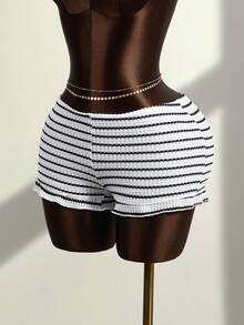 Zestiva High-Selling Spring/Summer Special Jacquard Textured Striped Fabric Elastic Waist Pants With Floral Trim - Multicolor - View 4