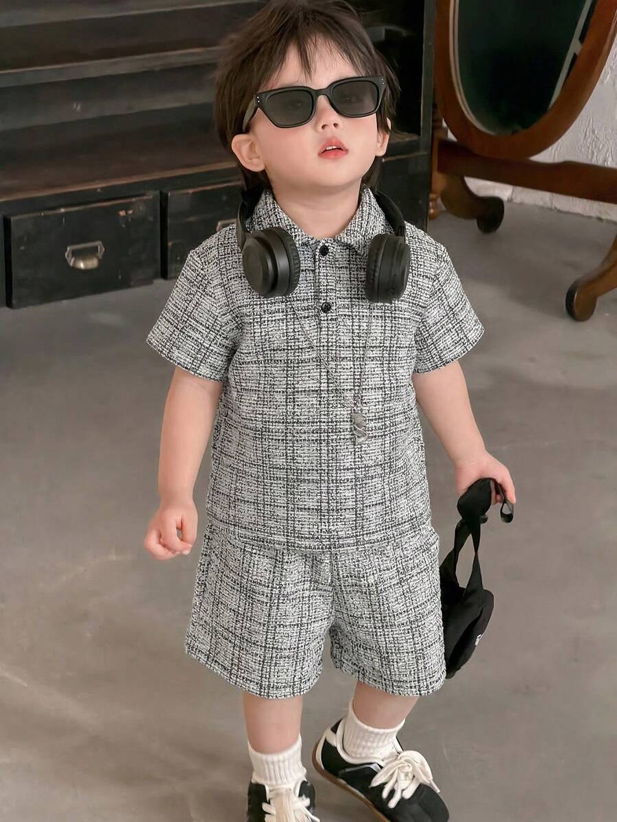 DAZY 2件組 嬰兒男童韓式圓領短袖休閒T恤與短褲套裝 夏季幼兒 - 灰色 - 查看 1