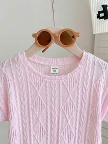 SHEIN Áo thun tay ngắn raglan cổ tròn, chất liệu vải dệt, dáng rộng, thoải mái dành cho bé gái tuổi teen. - Màu Hồng baby - Xem 4